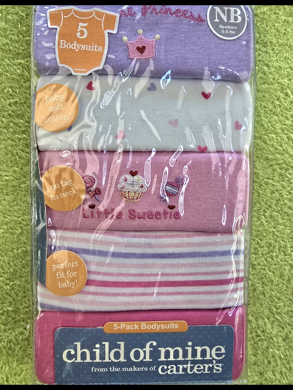 NWT  NEWBORN 5-Pack Bodysuits - Pink & Purple Hearts Stripes + Solid Colors (Q8)